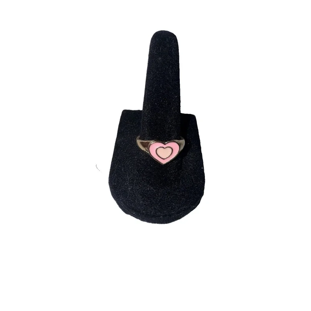 Lot of 5 Gold Tone Pink Enamel Heart Rings – Sizes 7, 7½ & 9 – Cute Fashion Stac